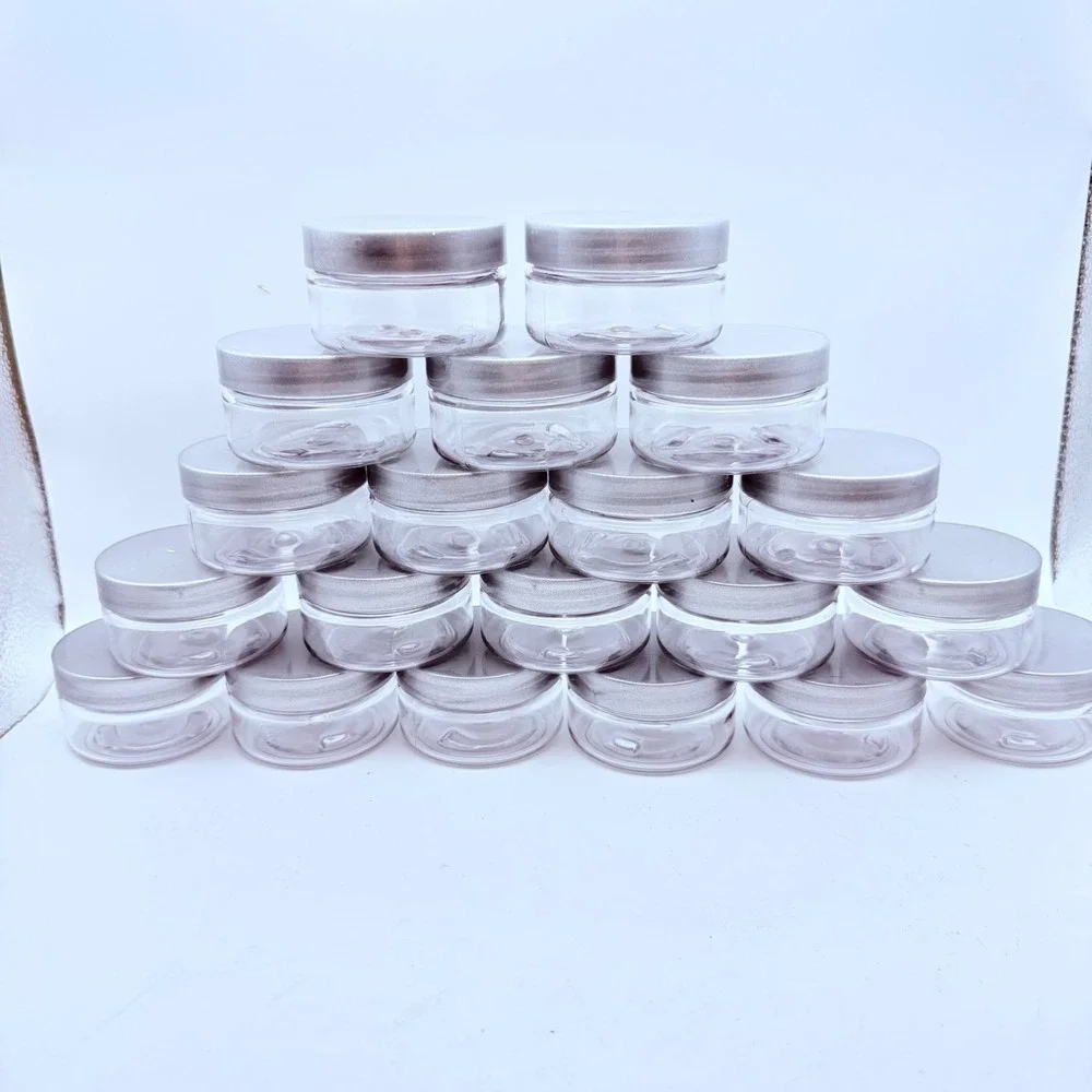 20 Small 2oz Clear Jars with Silver Lids Sample Containers Cosmetics Travel Size